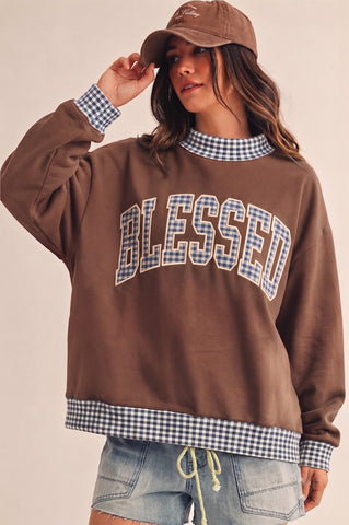 Blessed Gingham Plaid Trim Patch Pullover