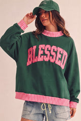 Blessed Gingham Plaid Trim Patch Pullover