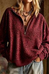 Lapel Zipper Leopard Sweatshirt