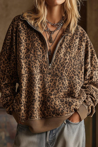 Lapel Zipper Leopard Sweatshirt