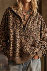 Lapel Zipper Leopard Sweatshirt