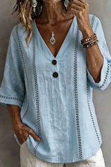 Printed Button V-neck Mid Sleeve Top