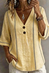 Printed Button V-neck Mid Sleeve Top