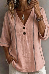 Printed Button V-neck Mid Sleeve Top