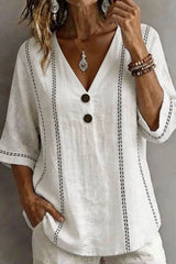 Printed Button V-neck Mid Sleeve Top