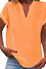 Solid Color Short Sleeved V-neck Slub Linen Blend Shirt