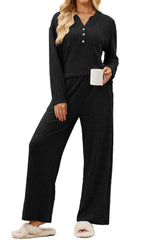 V-neck Button Loose Long Sleeved Pocket Pants Set