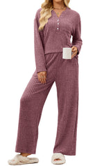 V-neck Button Loose Long Sleeved Pocket Pants Set