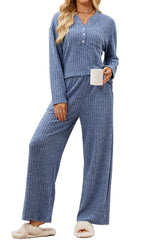 V-neck Button Loose Long Sleeved Pocket Pants Set