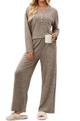 V-neck Button Loose Long Sleeved Pocket Pants Set