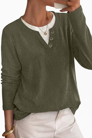 Fake Two Piece Henley V Neck Ribbed Knit Top