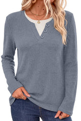 Fake Two Piece Henley V Neck Ribbed Knit Top