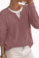 Fake Two Piece Henley V Neck Ribbed Knit Top
