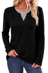 Fake Two Piece Henley V Neck Ribbed Knit Top