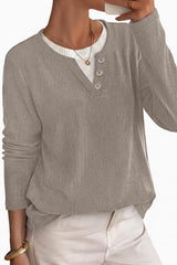 Fake Two Piece Henley V Neck Ribbed Knit Top
