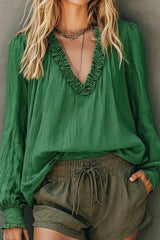 Boho Ruffle V Neck Long Sleeve Top