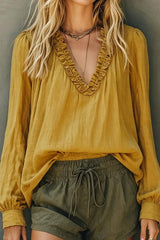 Boho Ruffle V Neck Long Sleeve Top