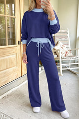 Color Block Trim Long Sleeve Pullover Drawstring Pants Set