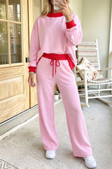 Color Block Trim Long Sleeve Pullover Drawstring Pants Set