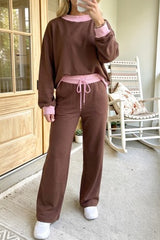 Color Block Trim Long Sleeve Pullover Drawstring Pants Set