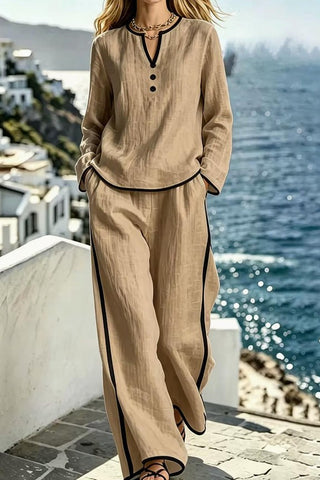 Contrast Trim 2pcs Set Long Sleeve Top & Wide Leg Pants