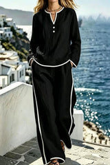 Contrast Trim 2pcs Set Long Sleeve Top & Wide Leg Pants