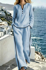 Contrast Trim 2pcs Set Long Sleeve Top & Wide Leg Pants