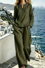 Contrast Trim 2pcs Set Long Sleeve Top & Wide Leg Pants