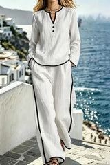 Contrast Trim 2pcs Set Long Sleeve Top & Wide Leg Pants