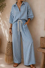 Bubble Sleeve Shirt Wide Leg Pants 2 Piece Set