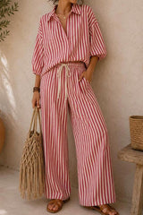 Bubble Sleeve Shirt Wide Leg Pants 2 Piece Set