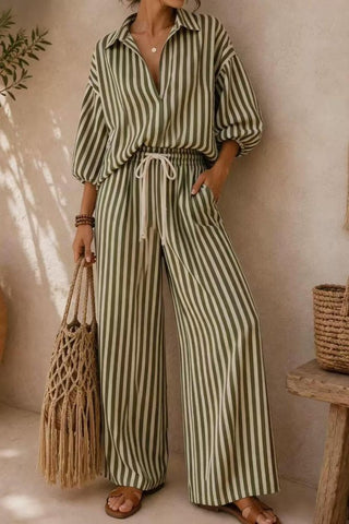 Bubble Sleeve Shirt Wide Leg Pants 2 Piece Set