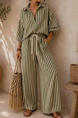 Bubble Sleeve Shirt Wide Leg Pants 2 Piece Set