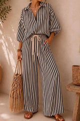 Bubble Sleeve Shirt Wide Leg Pants 2 Piece Set