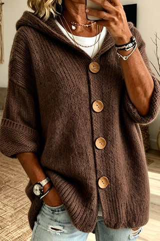 Solid Button Up Hooded Knitted Sweater Cardigan