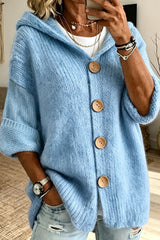 Solid Button Up Hooded Knitted Sweater Cardigan