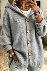 Solid Button Up Hooded Knitted Sweater Cardigan