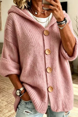 Solid Button Up Hooded Knitted Sweater Cardigan