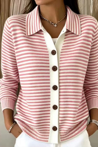 Button Knit Striped Sweater Cardigan