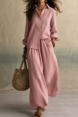 Button-down Shirt & Wide Leg Pants Two-piece Set