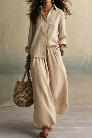 Button-down Shirt & Wide Leg Pants Two-piece Set