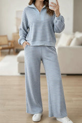 Lapel Striped Top Wide Leg Pants Set