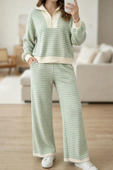 Lapel Striped Top Wide Leg Pants Set