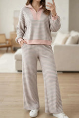 Lapel Striped Top Wide Leg Pants Set