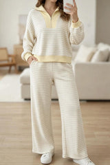 Lapel Striped Top Wide Leg Pants Set