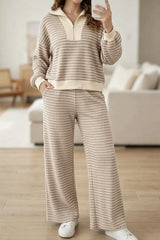 Lapel Striped Top Wide Leg Pants Set