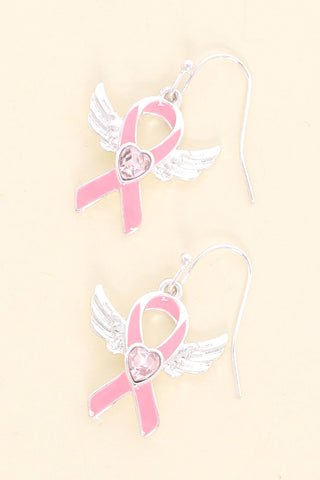 Pink Ribbon Wing Drop Earrings