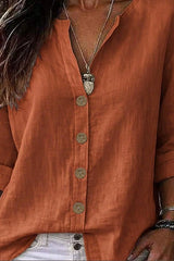 V-neck Mid Sleeve Cotton Linen Shirt