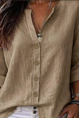V-neck Mid Sleeve Cotton Linen Shirt