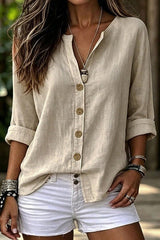 V-neck Mid Sleeve Cotton Linen Shirt